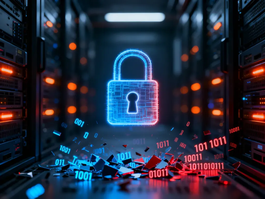 Świecąca cyfrowa kłódka w serwerowni symbolizująca ochronę danych przed atakiem ransomware.