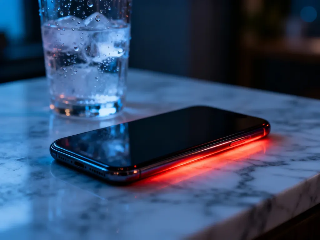 Przegrzewający się smartfon leżący na chłodnym marmurowym blacie obok szklanki z lodowatą wodą.