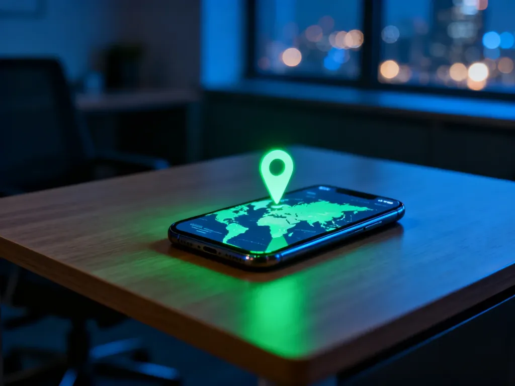 Smartfon na biurku z wyświetloną mapą i pinezką lokalizacji, ilustrujący działanie funkcji „Znajdź mój iPhone”.