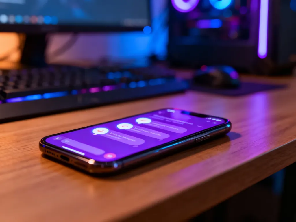 Smartfon z otwartą aplikacją Discord na tle stanowiska gamingowego z nastrojowym oświetleniem LED.