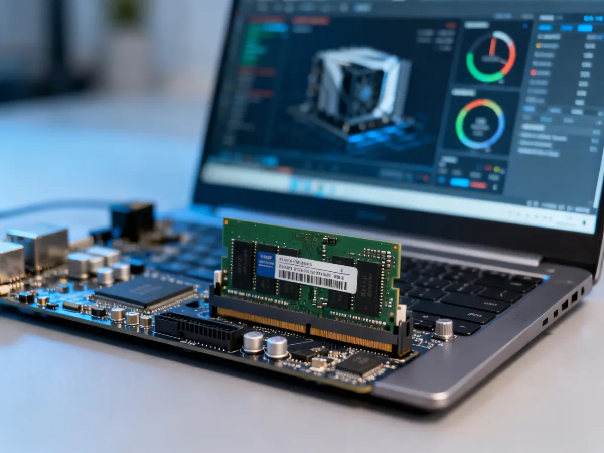 Moduły pamięci RAM widoczne na płycie głównej laptopa