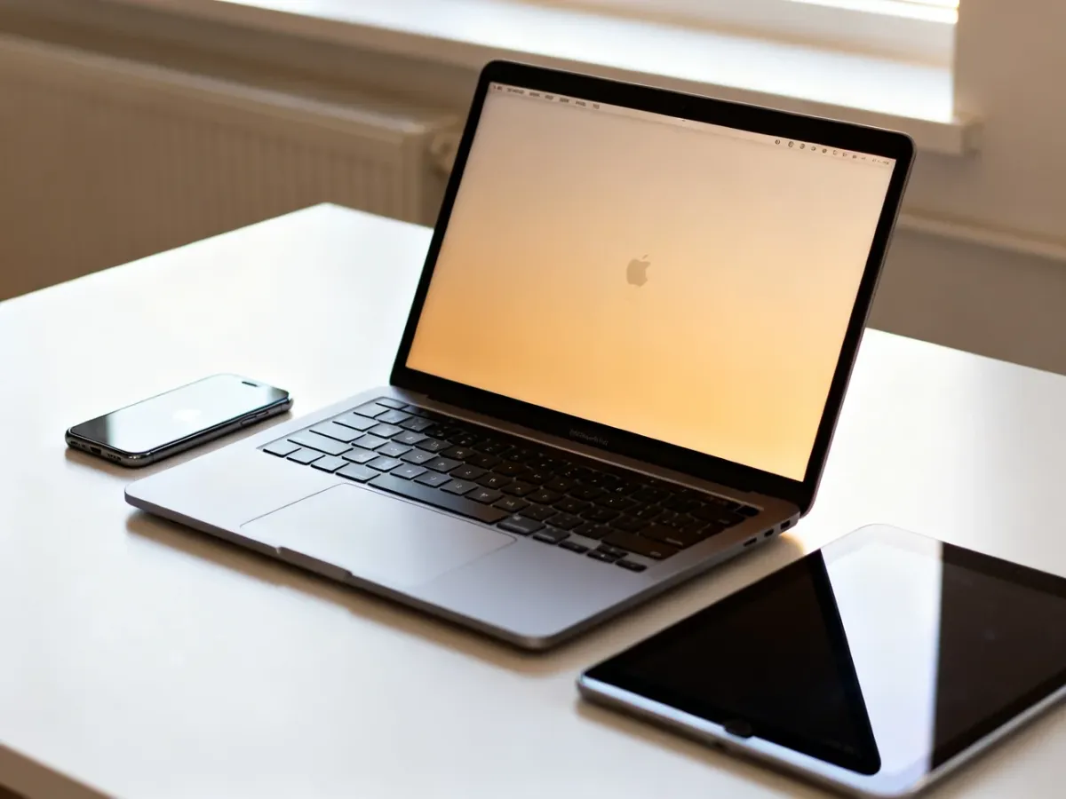 MacBook umieszczony obok iPhone’a i iPada na minimalistycznym biurku