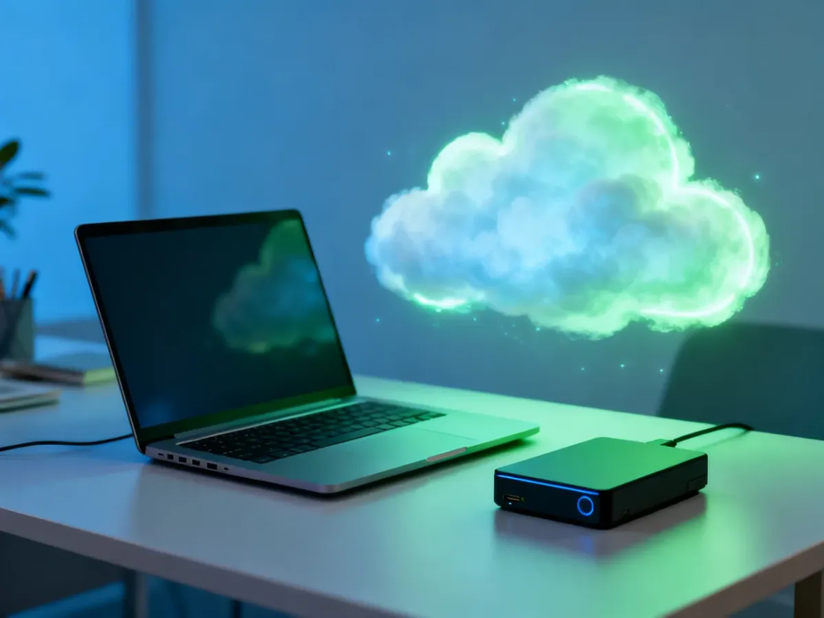 Laptop with external drive and cloud storage representing a secure backup system