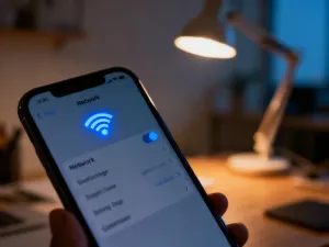 Dwa nowoczesne smartfony iPhone leżące obok siebie na minimalistycznym biurku, prezentujące detale obudowy i aparatów.