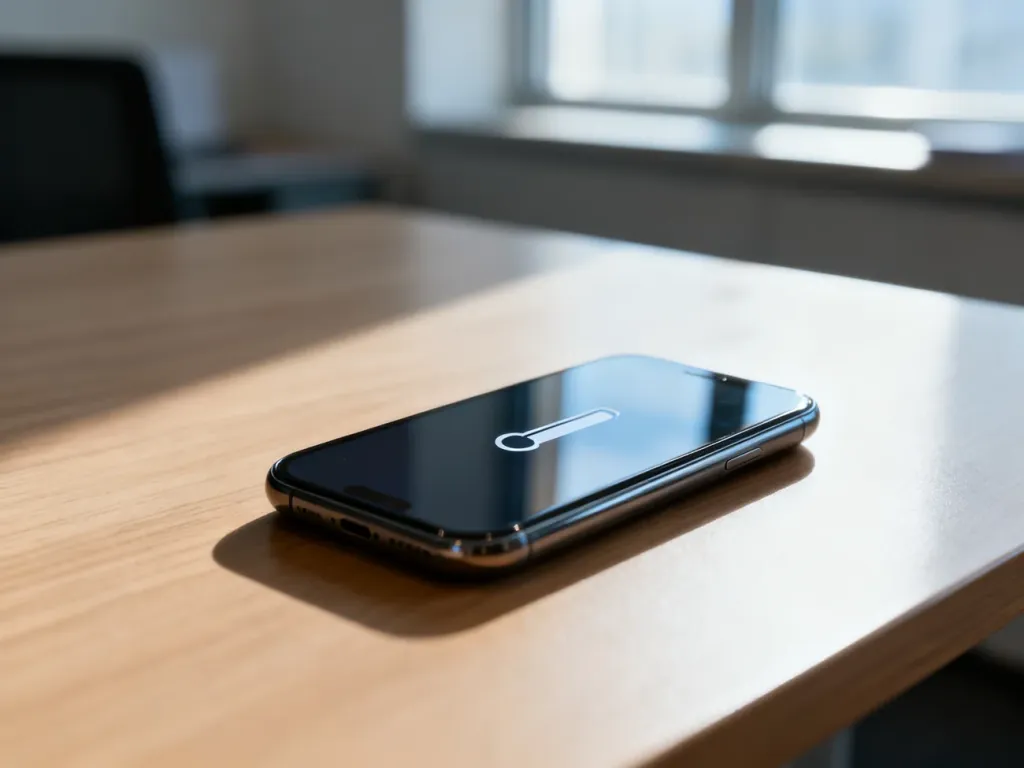 Nowoczesny smartfon z ikoną ładowania na ekranie, leżący na minimalistycznym biurku w biurowym wnętrzu.
