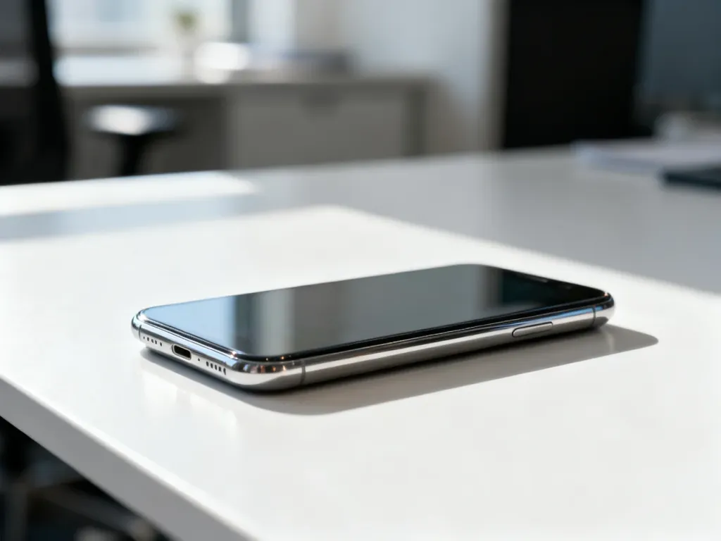 Nowoczesny smartfon leżący na minimalistycznym biurku, podkreślający wysoką jakość wykonania urządzenia.