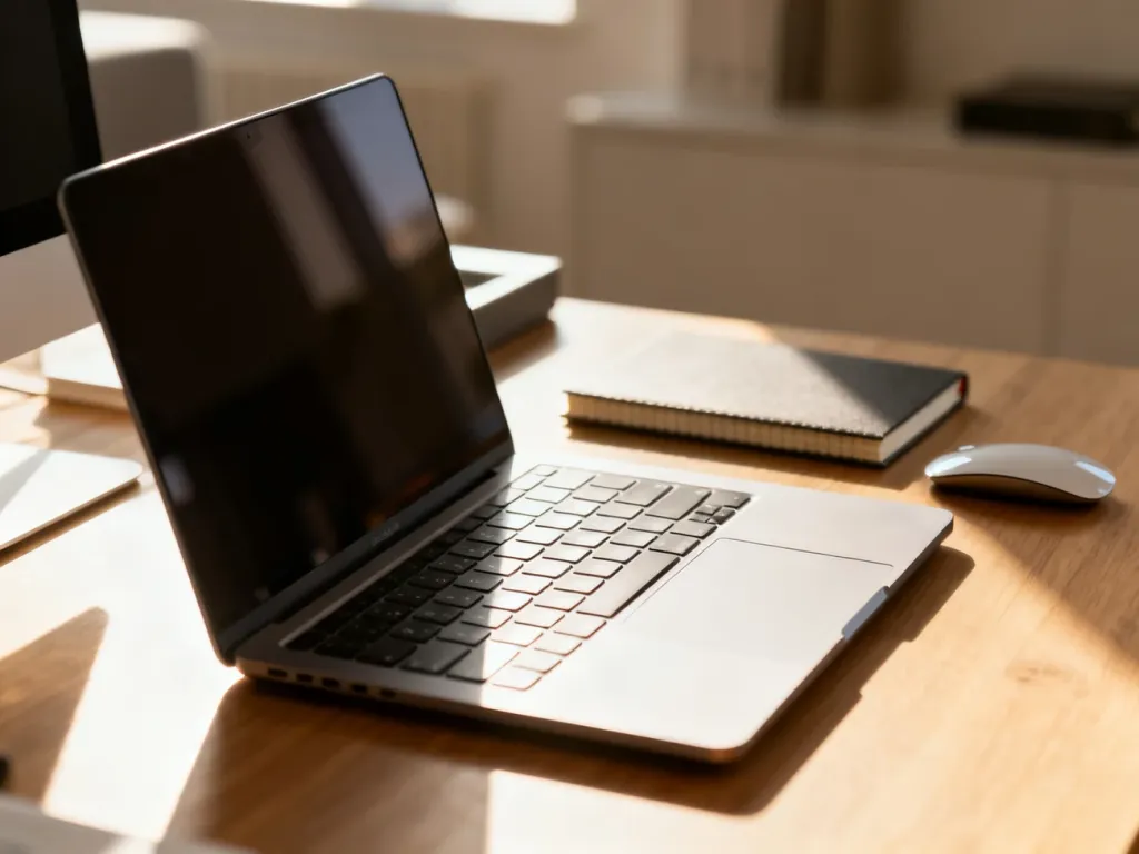 Nowoczesny laptop na uporządkowanym biurku w domowym biurze, gotowy do pracy.
