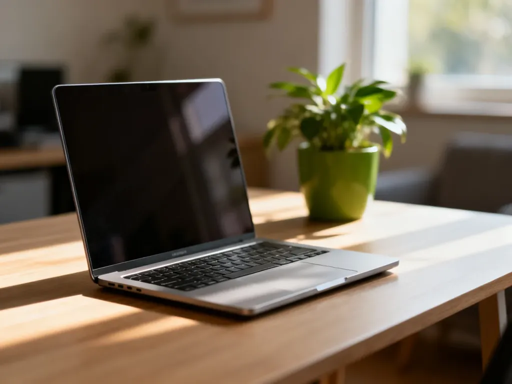 Nowoczesny laptop na drewnianym biurku w przytulnym domowym biurze, oświetlony porannym światłem słonecznym.