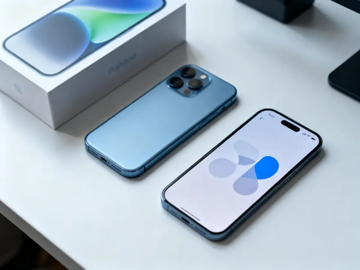 Smartfon obok pudełka i ekranu informacji o urządzeniu