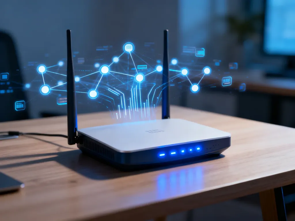 Nowoczesny router bezprzewodowy na biurku, symbolizujący szybką łączność i zaawansowaną technologię sieciową.