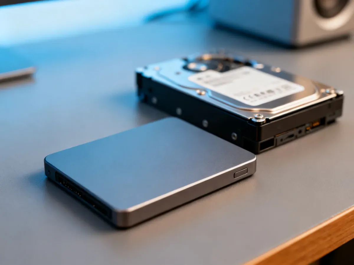 Zewnętrzny dysk SSD i HDD leżące obok siebie na biurku