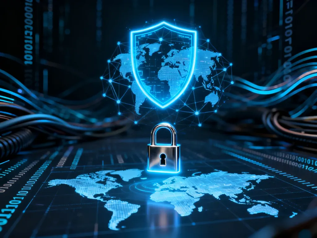 Cyfrowa tarcza i kłódka chroniąca globalną sieć połączeń, symbolizująca bezpieczeństwo danych zapewniane przez VPN.