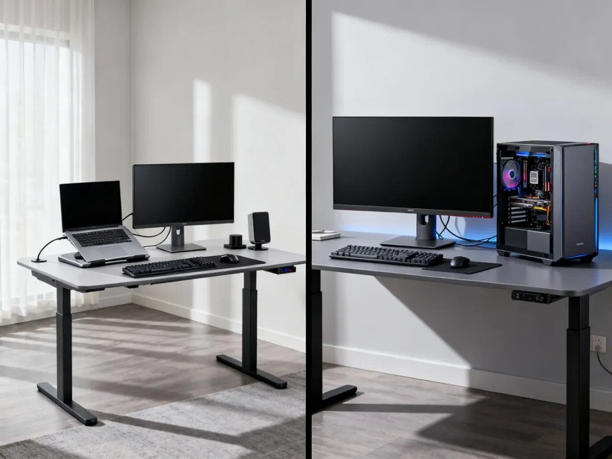 Laptop i komputer stacjonarny na ergonomicznych stanowiskach pracy