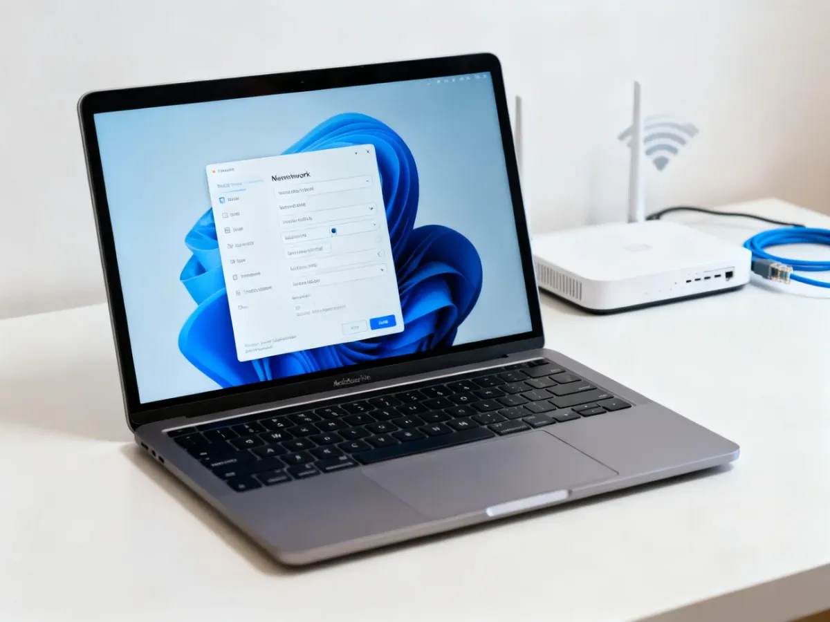 Laptop Mac z ustawieniami aktywnego połączenia sieciowego