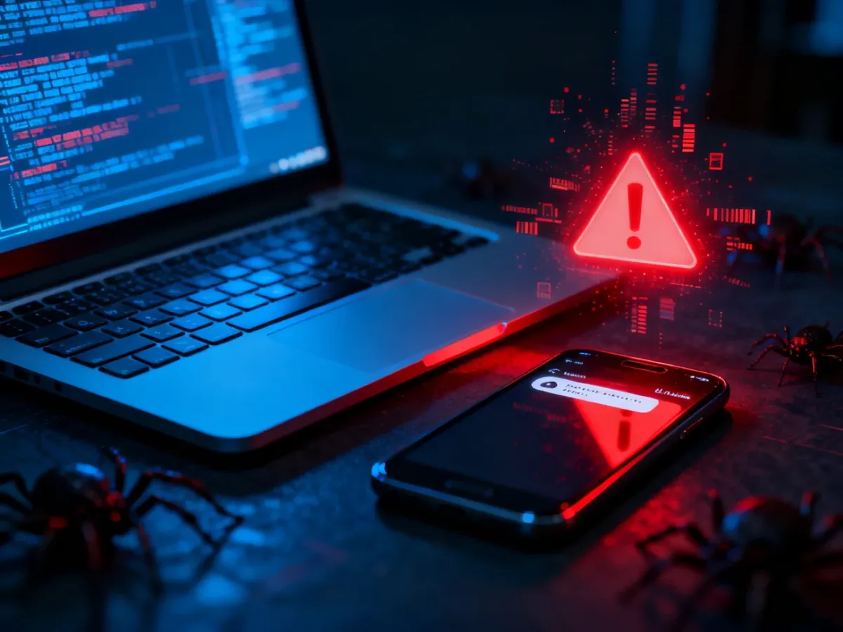 Laptop i smartfon przedstawione jako cele zagrożeń związanych ze złośliwym oprogramowaniem