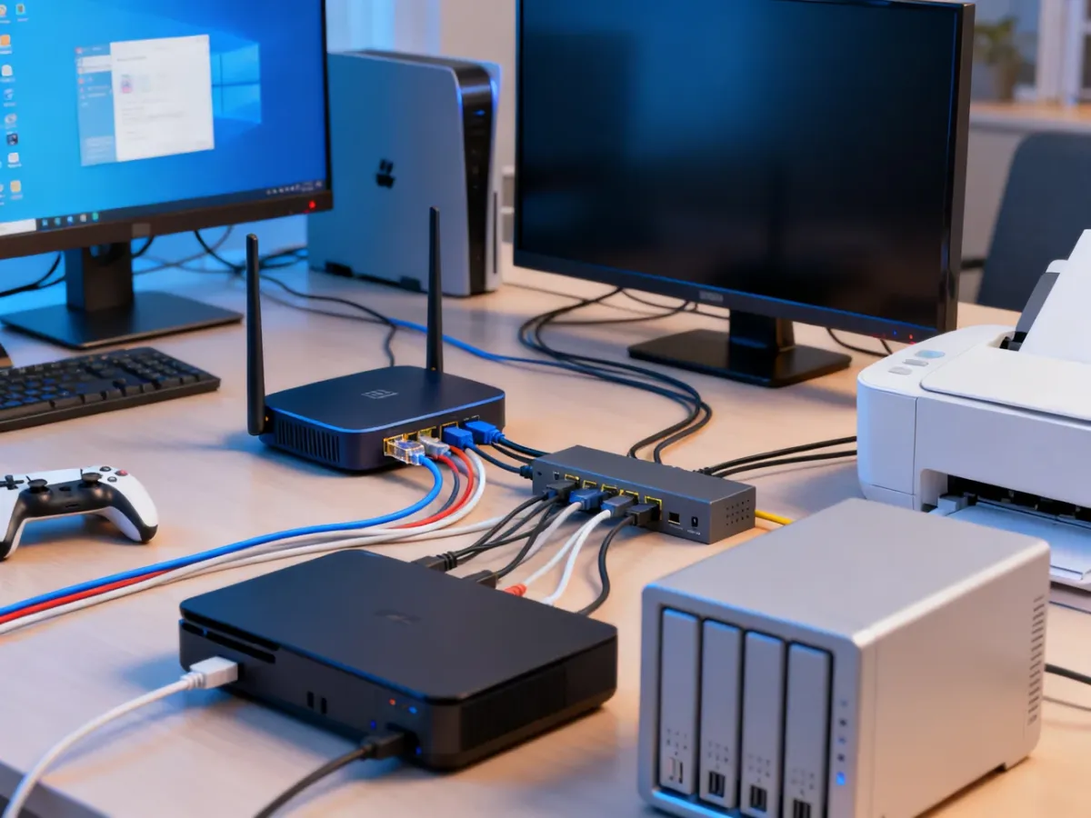 Router połączony kablem Ethernet ze switchem i urządzeniami domowej sieci