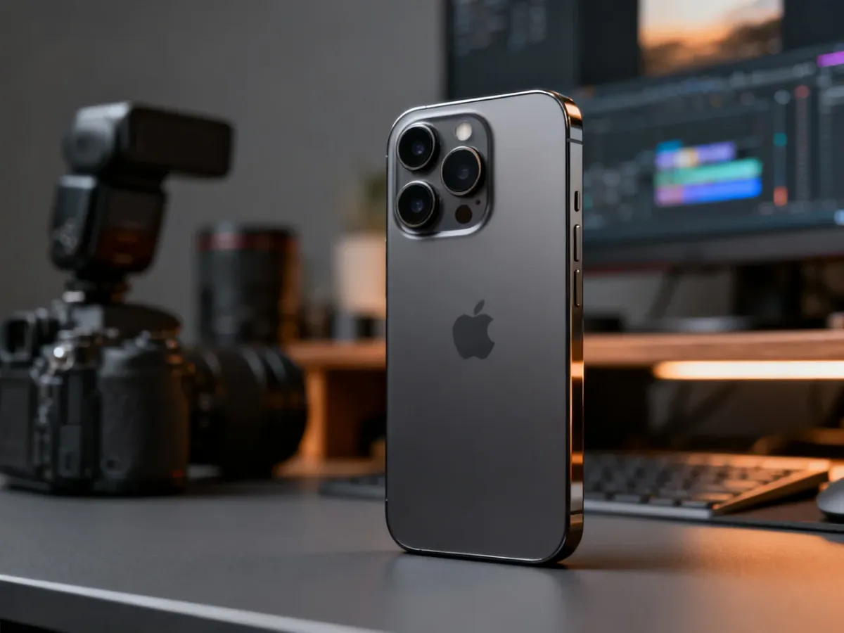 Smartfon iPhone 17 Pro na biurku twórcy z widocznym zestawem aparatów