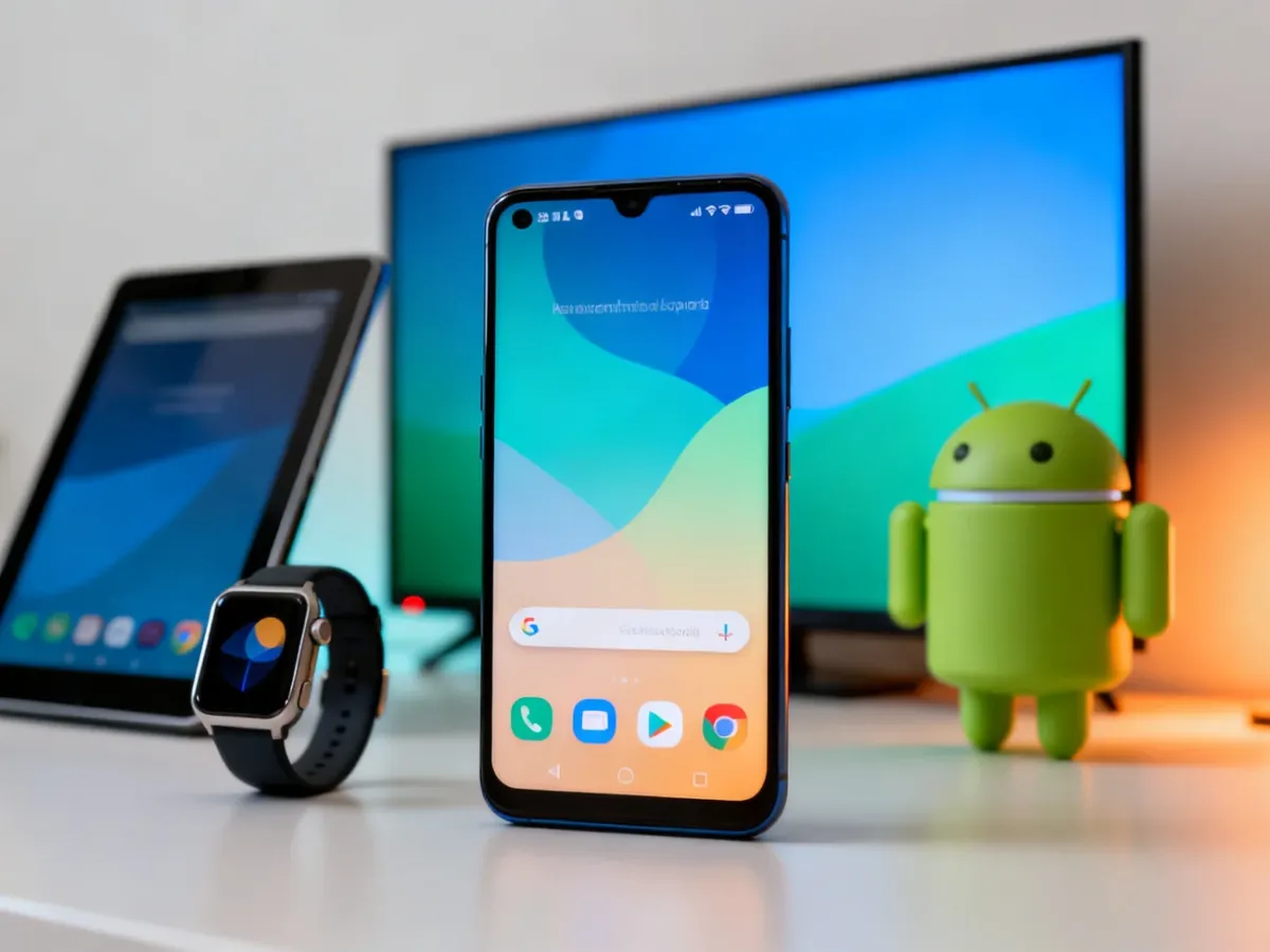 Smartfon z Androidem otoczony tabletem, smartwatchem i telewizorem