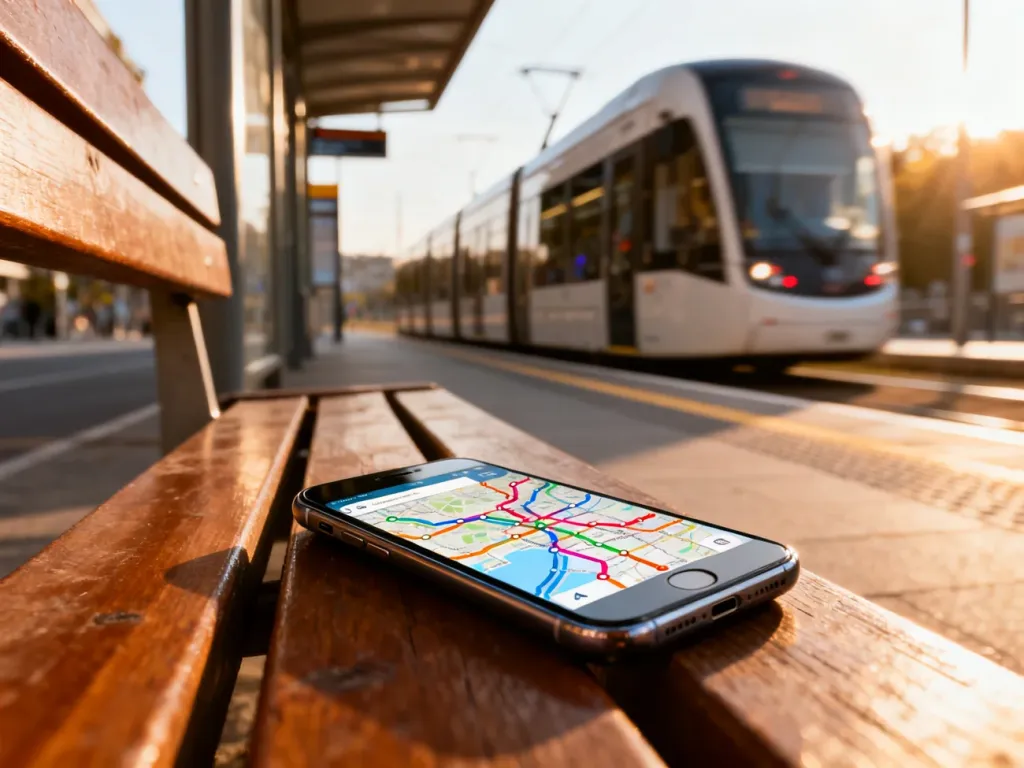 Smartfon z otwartą mapą komunikacji miejskiej na przystanku tramwajowym, ułatwiający planowanie podróży.