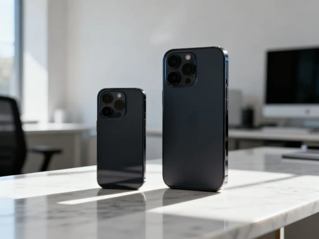 Dwa smartfony iPhone 17 Pro i Pro Max leżące obok siebie na marmurowym biurku, ukazujące różnicę w wielkości urządzeń.