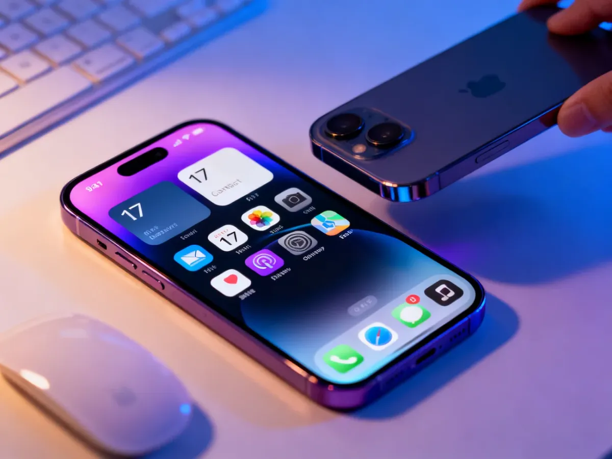 Dwa iPhone’y prezentujące funkcje iOS 17, widżety i wymianę kontaktów