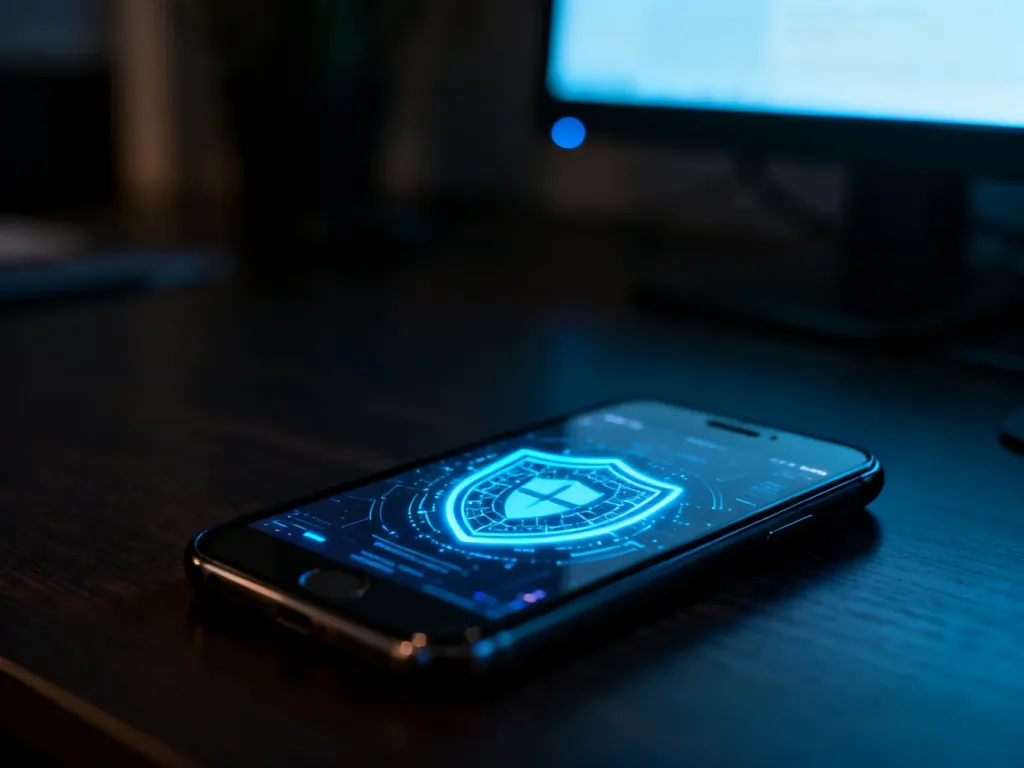 Smartfon z ikoną tarczy zabezpieczającej na ekranie, symbolizujący ochronę prywatności i cyberbezpieczeństwo.
