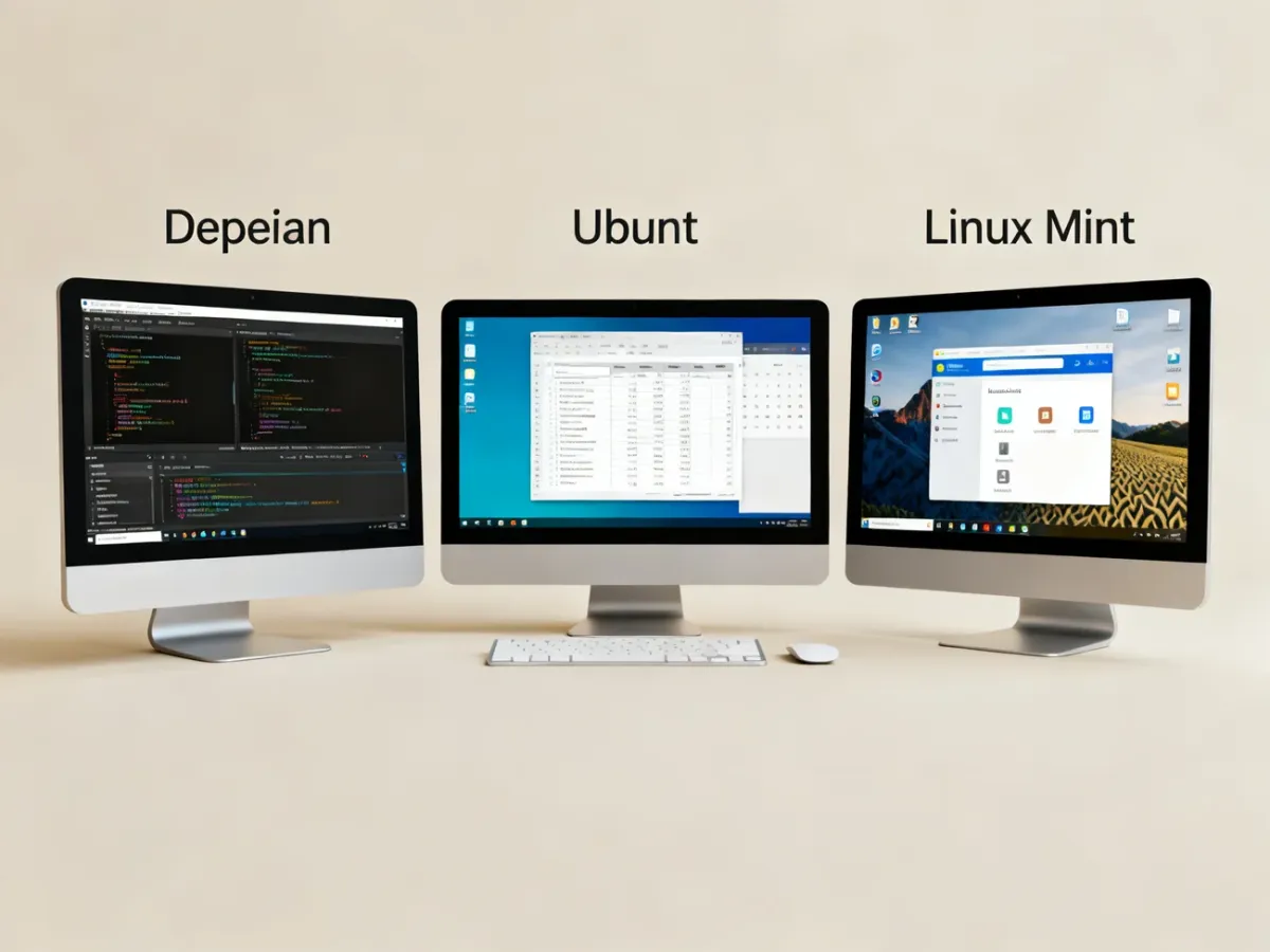 Trzy komputery przedstawiające różne podejścia Debiana, Ubuntu i Linux Mint