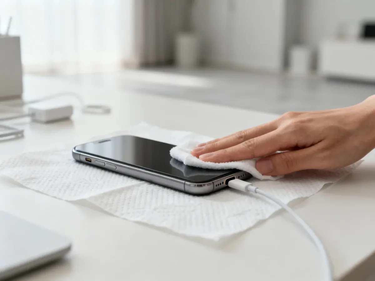 Smartfon osuszany delikatnie po zalaniu, z portem ładowania skierowanym w dół