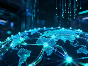 Nowoczesny smartfon z czerwoną ikoną ostrzegawczą i kodem binarnym, symbolizujący zagrożenie bezpieczeństwa cyfrowego.