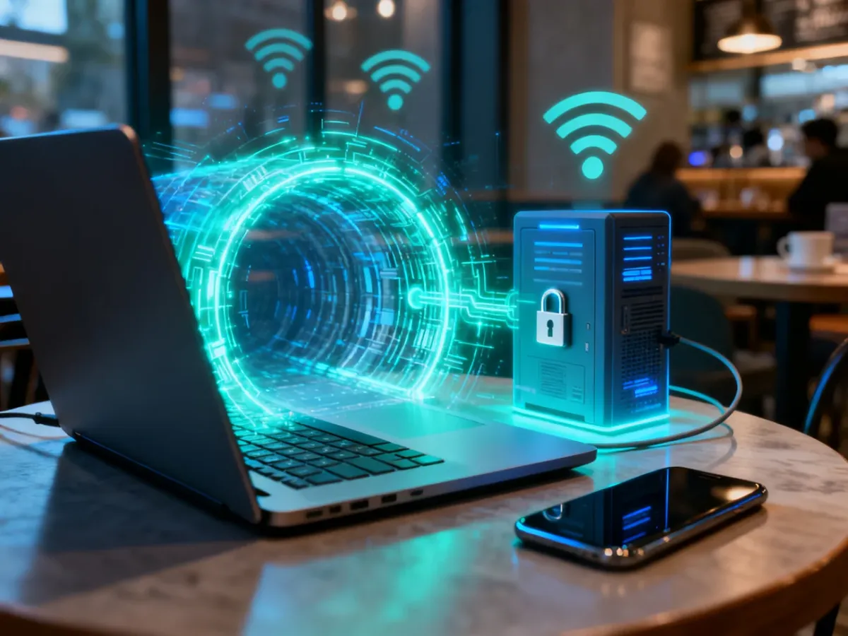 Laptop and smartphone protected by an encrypted VPN tunnel on public Wi-Fi
