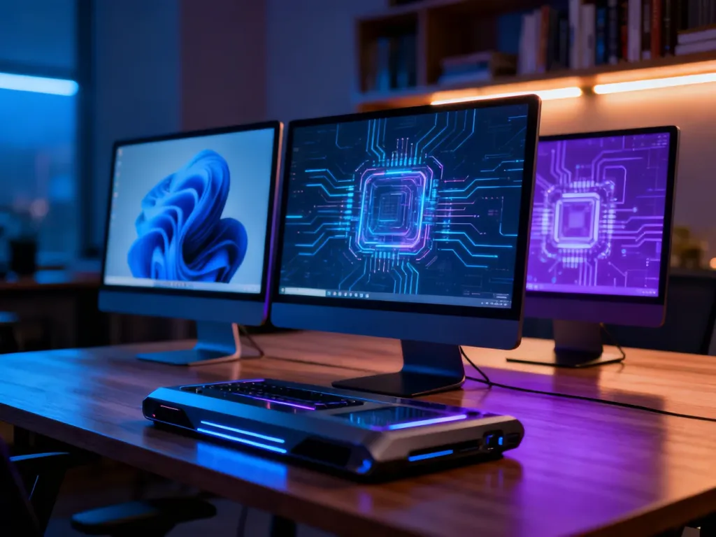 Trzy monitory na biurku wyświetlające abstrakcyjne interfejsy systemów operacyjnych w nowoczesnym biurze.