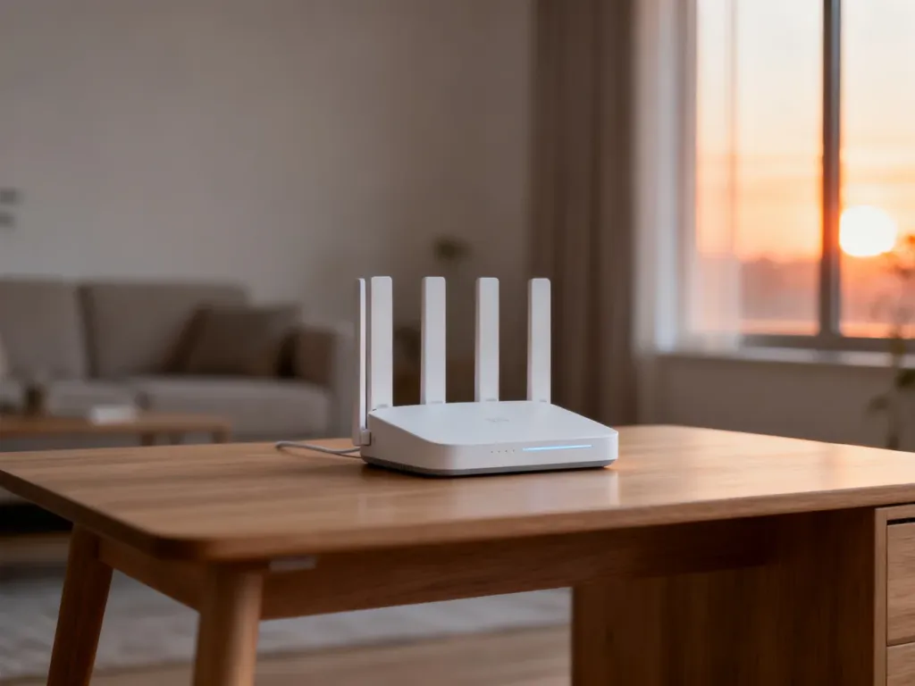 Nowoczesny router systemu mesh na drewnianym biurku w przytulnym salonie, ilustrujący technologię domowej sieci WiFi.